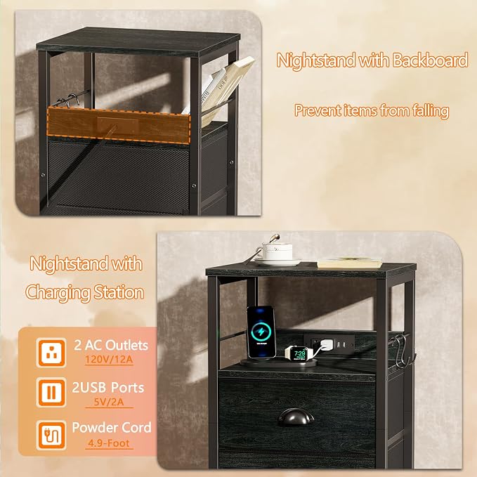 Furologee Nightstand Set of 2, Black Oak, with Charging Station and USB Ports, Side Tables with 2 Fabric Drawers, Bedside Tables with Storage Shelf & Hooks, for Living Room/Bedroom - Image 6