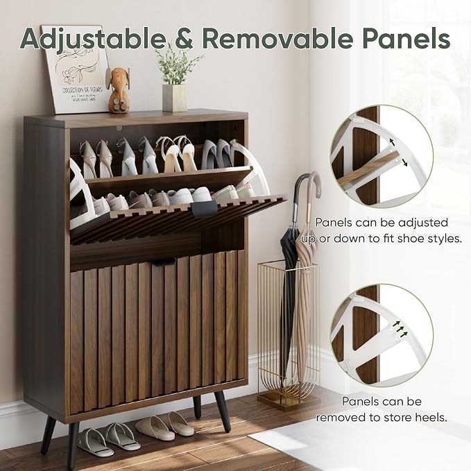 Smuxee Shoe Cabinet with 2 Flip Drawers, 23.6" Walnut Hidden Shoe Storage Cabinet with Fluted Design, Freestanding Shoe Organizer Cabinet for Entryway, Hallway, Closet, Living Room - Image 4