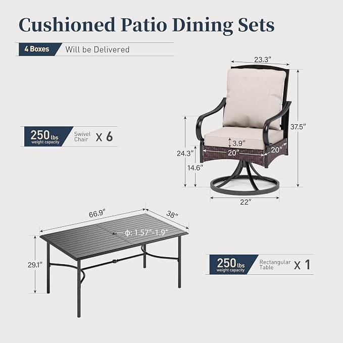 SUNSHINE VALLEY 7 Piece Patio Dining Sets for 6, Outdoor Table and Chairs with Cushioned Wicker Swivel Patio Chairs & Black Dining Table (1.57-1.9”Umbrella Hole), Outdoor Dining Sets for Lawn Backyard - Image 6