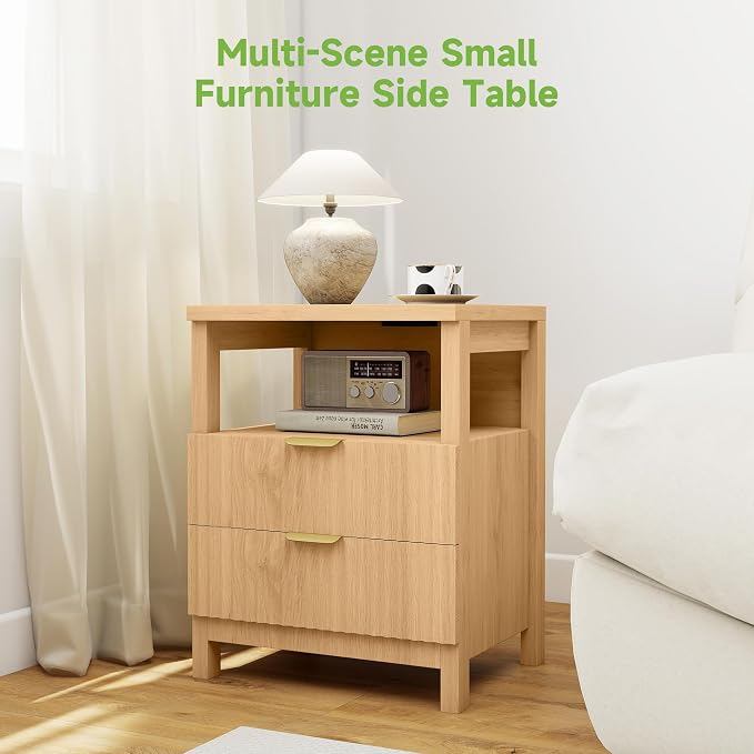 Real Relax Fluted Nightstand with Charging Station (2 Drawers) - Storage for Bedroom & Study, Small Home Side Table, Oak - Image 3