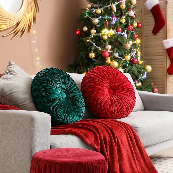 Beeveer 2 Pcs Round Throw Pillows 15 Inch Decorative Velvet Pleated Pumpkin Pillows Boho Floor Pillow with Center Button for Living Room Couch Chair Bed Sofa Home Decoration (Red and Green)