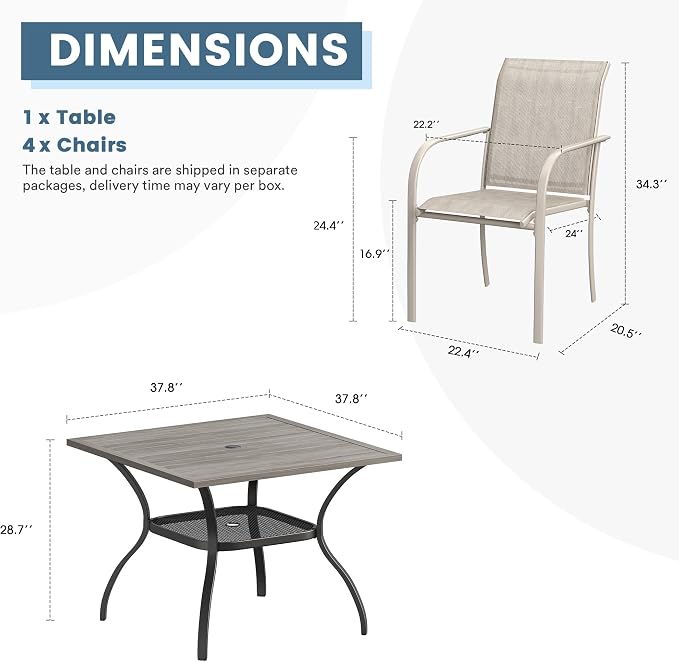DIFY 5 Pieces Outdoor Patio Dining Set for 4, 37.8" Grey Wood-Like Square Dining Table with Umbrella Hole and 4 Sandshell Stackable Sling Chairs, Outdoor Table and Chairs for Lawn Backyard Garden - Image 7