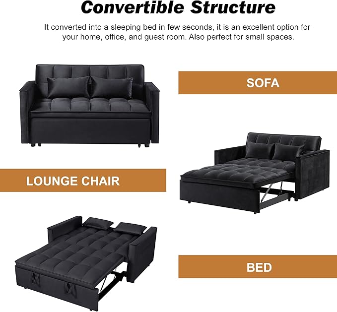 3 in 1 Convertible Sleeper Sofa Bed, Pull Out Couch Loveseat Futon, Adjustable Backrest Velvet Sofa with Pillows and Side Pockets for Living Room Apartment, Modern Black