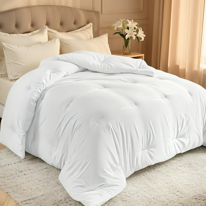 Comforters Twin Size, All Season Quilted Bed Comforter, Ultra-Soft Down Alternative Duvet Insert with 4 Tabs, Lightweight Bedding Blanket - Machine Washable, White
