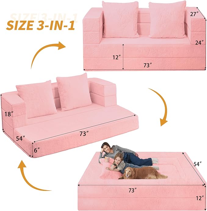 Futon Sofa Bed with Pillow, 3-in-1 Sleeper Sofa Bed with Removable Cover, Convertible Floor Sofa Bed, No Assembly Boneless Couch for Living Room, Bedroom