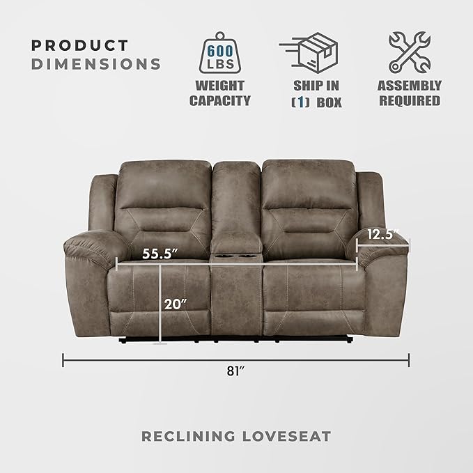 Lexicon Manual Double Reclining Loveseat with Center Console, Wall Hugger Polished Microfiber Dual Recliners Love Seat, for Living Room, Required Assembly, Brown