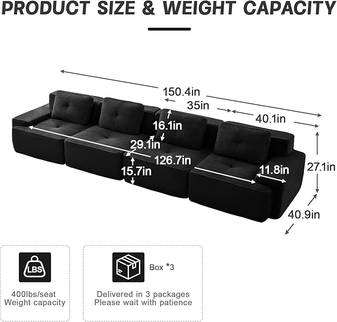 Casaphoria 150'' Black Corduroy Cloud Couch, 4-Seater Boneless Sectional Sofa with 4 Pillows for Living Room, Deep Seat Sofa, No Assembly Required
