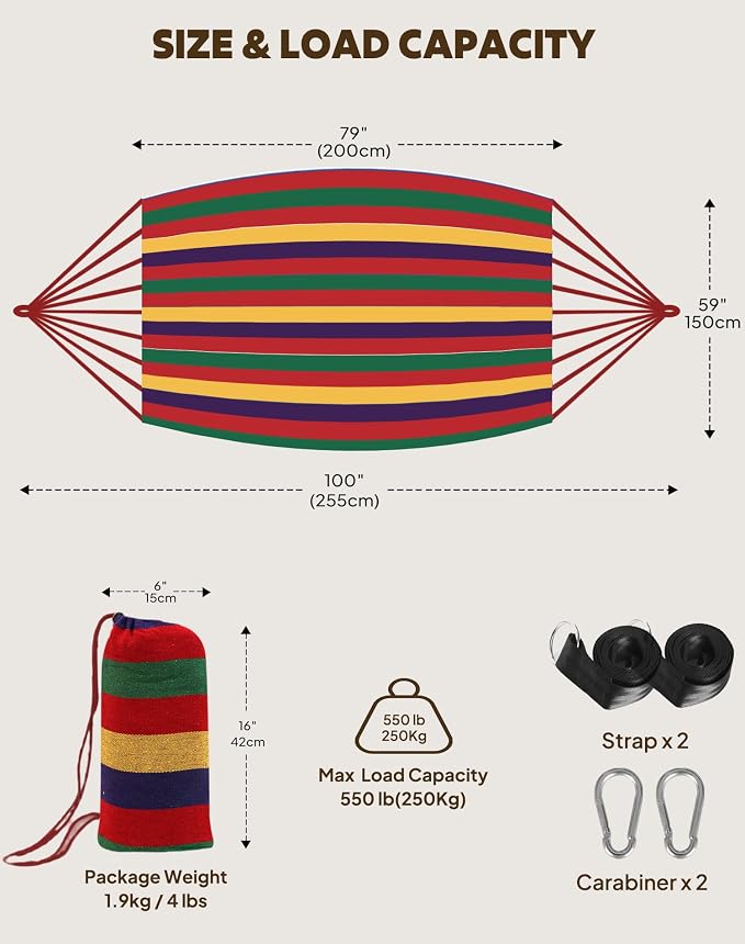 ANYOO Cotton Hammocks Portable Hammock with Tree Straps Easy Setup Indoor/Outdoor Hanging Bed 550lb Capacity Perfect for Backyard Camping Travel - Image 2