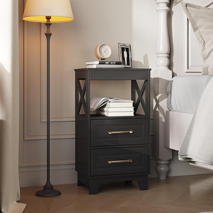 Tall Nightstand Set of 2 Side Table with 2 Drawers Modern Night Stand Wooden End Table Bedside Table with Upper Open Shelf Solid Feet for Bedroom Black - Image 2