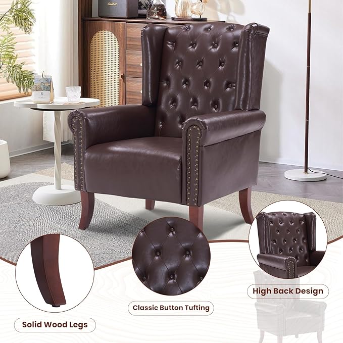 PU Leather Accent Chair Modern Wingback Armchair Club Sofa Chair High Back Living Room Chair for Bedroom, Office, Lounge (Caramel)