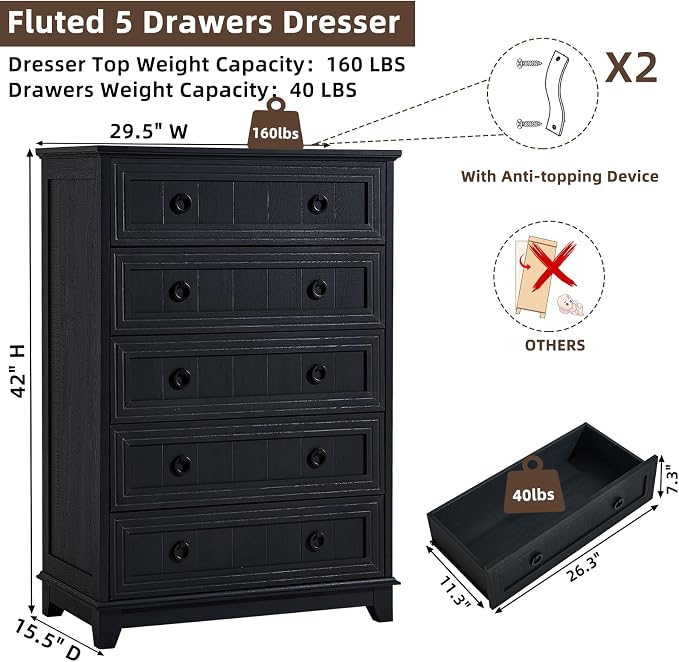 Joaxswe Farmhouse 5 Drawer Dresser for Bedroom Set of 2, 42" Tall Small Dressers & Chest of Drawers, Rustic Wood Dresser with Metal Handle, Storage Organizer Closet for Living Room, Hallway,Entryway - Image 2