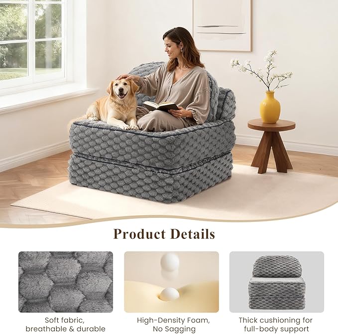 COLAMY Folding Sofa Bed, 3-in-1 Convertible Sleeper Chairs with Pillow,Back Support, Fuzzy Fabric Floor Couch Bed for Adults, Boneless Couches Living Room, Bedroom, Apartment, Grey