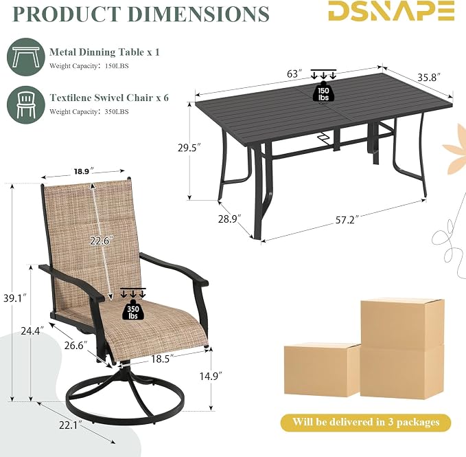 7 Pieces Patio Dining Set for 6, All Weather Outdoor Furniture Set, 63" Metal Dining Table with Umbrella Hole and 6 High Back Textilene Swivel Chairs for Deck Porch Lawn Poolside, Brown - Image 2