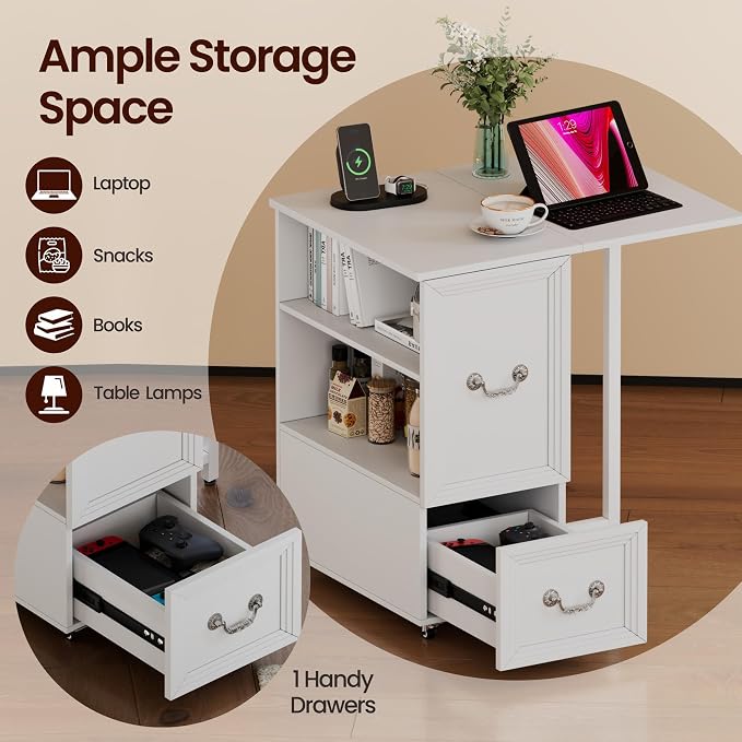 Lareth Side Table with Charging Station and Led Lights, Foldable Narrow End Table with Drawers and Bookshlef, Rolling Tall Nightstand for Small Space, Living Room (White-1pcs) - Image 5