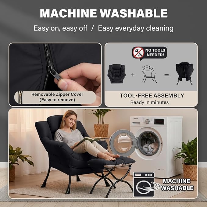 Cozy Lazy Chair and Ottoman, Large Peach Black Contemporary Accent Chair Set, Leisure Upholstered Reading Armchair for Office, Bedroom, Living Room, Dorm Rooms, Balcony