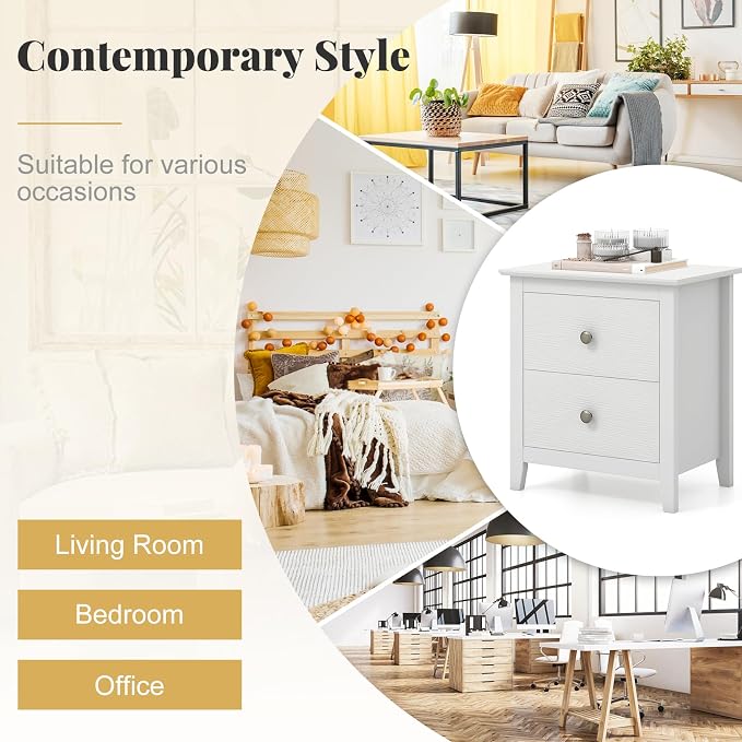 Giantex White Nightstand, Modern 2 Drawers Night Stand with Handles, Sofa Side Table with Sturdy Legs for Small Spaces, College Dorm, Kids’ Room, Wooden Bedside Table for Bedroom, White - Image 7
