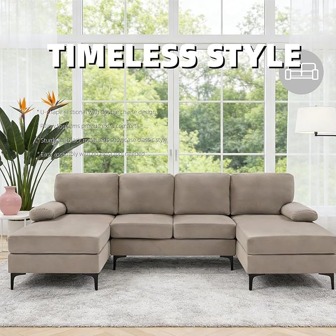 106" U-Shape Sectional Couches with Double Chaise, Upholstered Sofa with Polyester Blend Fabric, Modern 4 Seat Modular Sofa with Sturdy Metal Legs for Living Room, Apartment, Khaki