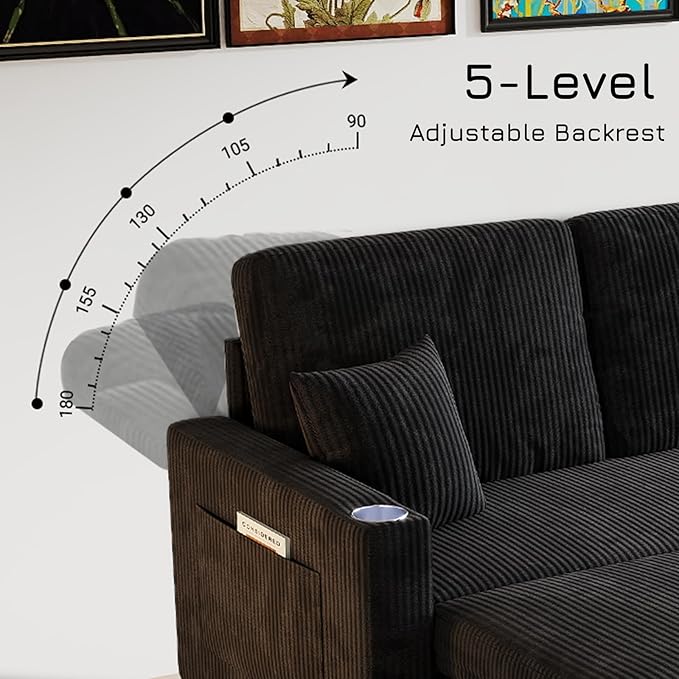 Rovibek 83" Convertible Sofa Bed Couch with Storage & USB Port – 4 in 1 L Shaped Sofa with Pull Out Couch Bed, Side Table, Cup Holder for Living Room, Apartment, Office, Small Spaces, Black