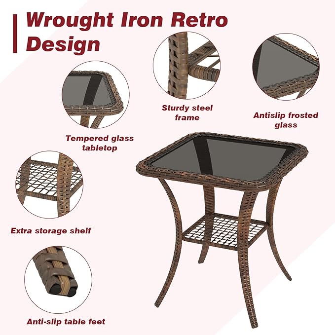 EROMMY 3 Pieces Patio Furniture Set, Outdoor Swivel Rocker Patio Chairs, Wicker Patio Bistro Set with Rocking Chair, Thickened Cushions and Glass Coffee Table for Backyard, Garden, Wine Red