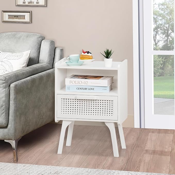 Lerliuo Rattan Nightstands Set of 2, Side Table with Drawer Open Shelf, Cane Accent Bedside End Table with Solid Wood Legs, Mid Century Modern Night Stand for Bedroom, Dorm and Small Spaces (White) - Image 7