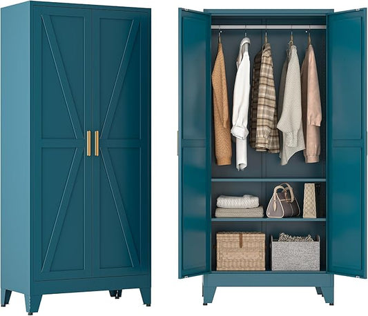 Metal Wardrobe Closet with Doors and Shelves, 71" Farmhouse Bedroom Armoire with Hanger Rod and Clothing Shelf, White Steel Wardrobe Cabinet Storage Clothes Closet