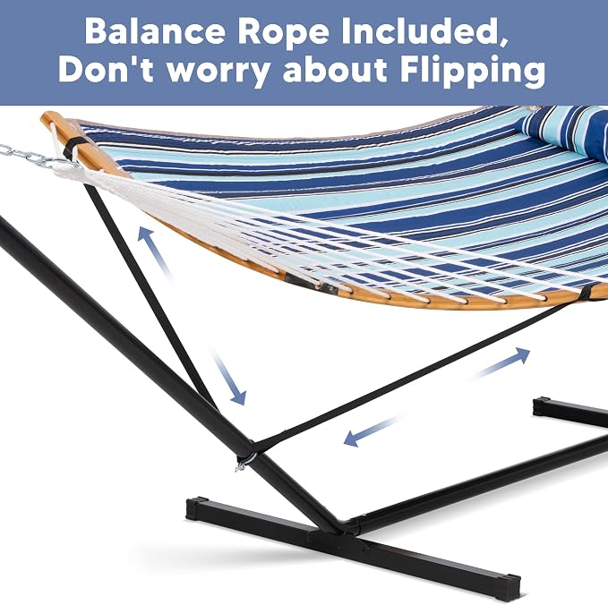 SUNCREAT Double Hammock with Stand Included, Portable Hammock with Stand and Large Pillow, Blue Stripes - Image 4
