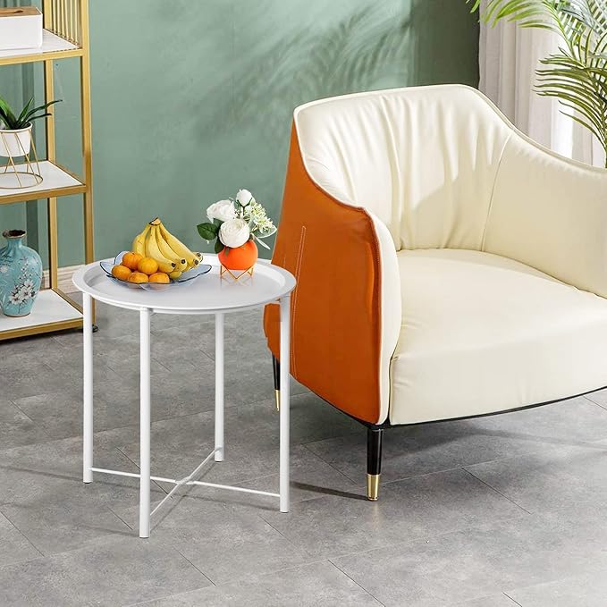 VECELO Side/End Table, Folding Round Metal Anti-Rust and Waterproof Outdoor or Indoor Tray for Living Room Bedroom Balcony and Office, 1 PCS, Beige - Image 2
