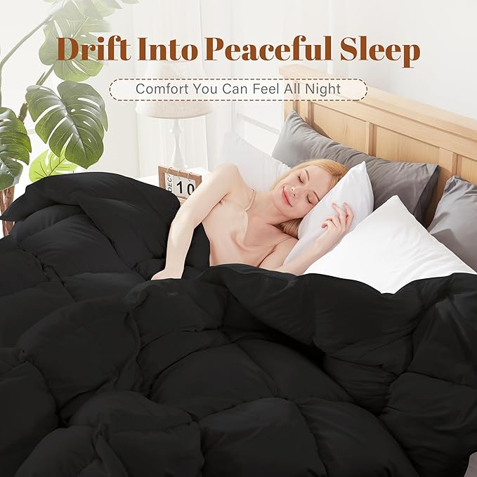 Feather and Down Comforter Insert Queen Size, 100% Cotton Cover, All Season Black Down Feather Duvet Insert, Fluffy Soft Hotel Luxury Bedding for Bedroom, 90 x 90 Inches