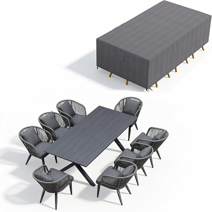 PURPLE LEAF 9 Pieces Patio Dining Set with Waterproof Furniture Cover Rectangular Table and Chairs Set for Garden Deck Aluminum Frame Backyard Kitchen Set, Cushions and Pillows Included Grey by PURPLELEAF