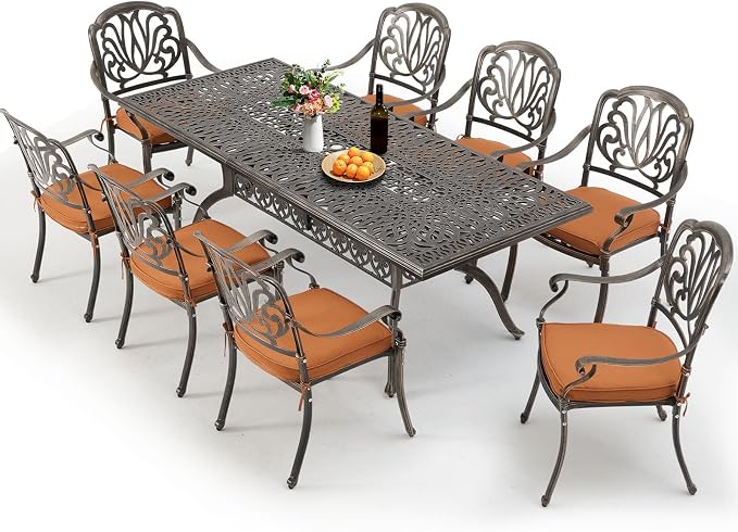 [Hi-End]Cast Aluminum Patio Furniture Set 9-Piece Outdoor Dining Set Includes 86.6’’ Rectangular Patio Table with Umbrella Hole and 8 Cushioned Dining Chairs,Rust-Free for Patio Deck Garden Pool - Image 7
