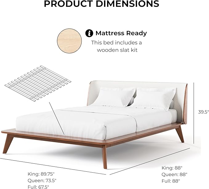 Furniture of America Wyatt Modern Solid Wood Bedroom Collection with Queen Bed Frame and Nightstands Set of 2, No Box Spring Needed, Walnut, Boucle Wingback Low Profile, 3-Piece Set
