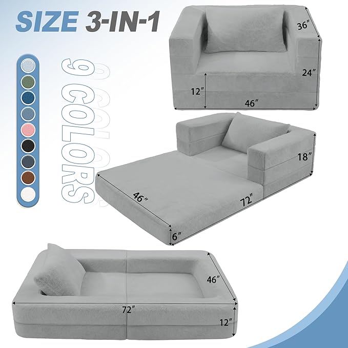 Futon Sofa Bed with Pillow, 3-in-1 Sleeper Sofa Bed with Removable Cover, Convertible Floor Sofa Bed, No Assembly Boneless Couch for Living Room, Bedroom