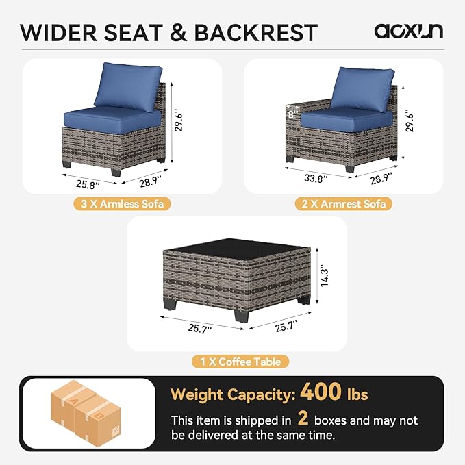 Aoxun 6-Piece Sectional Sofa with 4" Thicken Cushion, Widen Armrests Wicker for Backyard with Waterproof Cover
