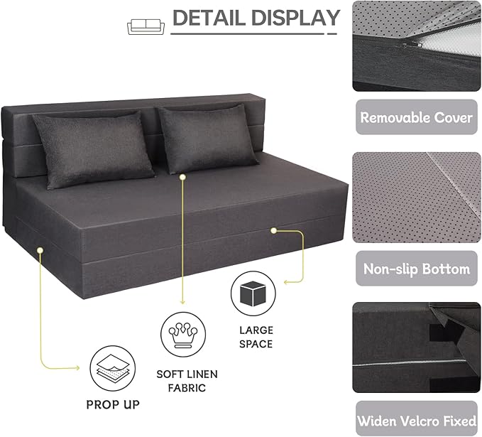 Folding Sofa Bed with Pillow, Foldable Bed Sleeper Chair with Washable Cover, Convertible Sofa Chair, Fold Out Couch,Futon Couch for Living Room, Dorm, Guest Room, Queen Size, Dark Grey