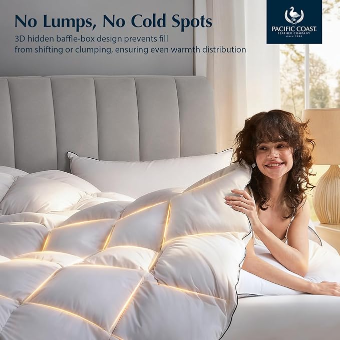 Pacific Coast Luxury White Goose Feather Down Fiber Comforter Twin Size, All Season Hotel Collection Duvet Insert, Ultra Soft, Breathable Bedding Comforter with 8 Corner Tabs, 68x90 Inch White