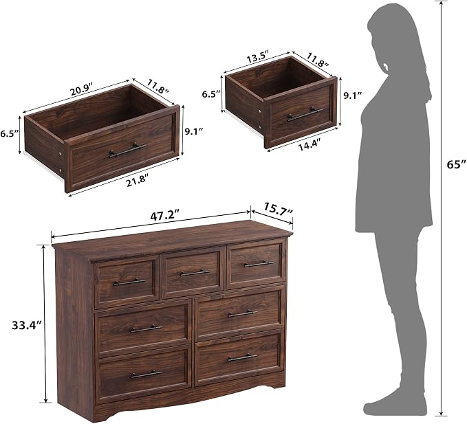 Walnut Dresser for Bedroom, Modern 7 Chest of Drawers, 47" Wide 7 Drawer Dresser with Brushed Metal Handle, Wood Closet Organizers and Storage Cabinet for Bedroom, Living Room, Hallway - Image 2