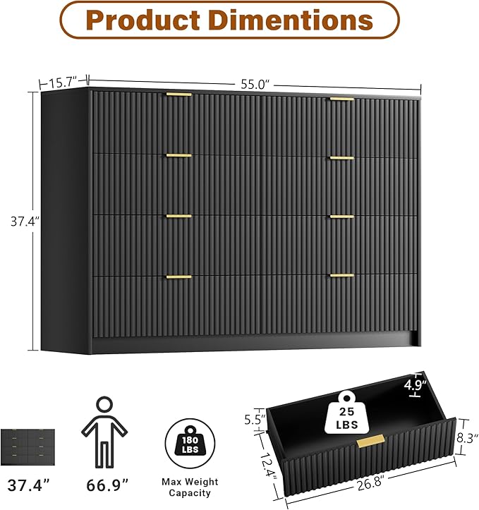 Furniway Black Dresser Bedroom Set 3 Pieces, Nightstands Sets of 2, 8 Drawer Dresser with Gold Handles for Bedroom