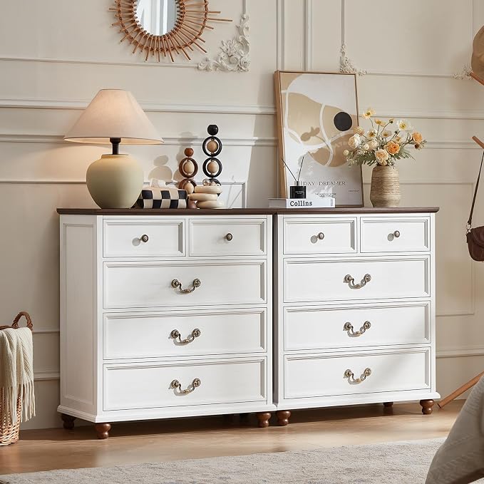 Joaxswe Farmhouse 5 Drawer Dresser for Bedroom, 35" Tall Rustic Chests of Drawers w/ 4 Solid Wood Feet, Mid Century Modern Wooden Closet Storage Dressers Organizer for Living Room, Hallway,White - Image 3