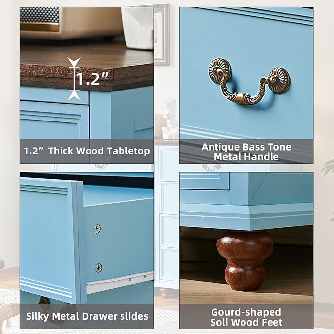 Joaxswe 24" Wide Farmhouse Nightstand Set of 2, 45" Tall Rustic Chests of 5 Drawers w/ 4 Solid Wood Feet, Farmhouse Furniture Series for Living Room,Bedroom,LightBlue