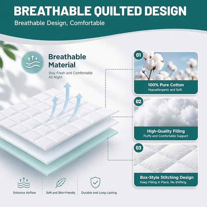 Premium Quilted 1000GSM Luxury Extra Thick Mattress Topper, King Size Cooling Mattress Pad, Overfilled Plush, Cloud-Like Comfort, Breathable, 8-21" Deep Pocket (White, King)