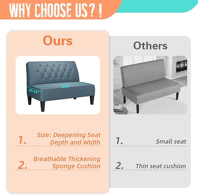 Alunaune Upholstered Blue Loveseat Bench Couch for Bedroom, Modern Cushioned Armless Settee Small Love Seat Sofa Faux Leather Living Room Couch