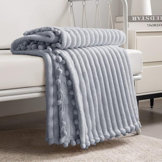 DISSA Fleece Blanket Throw Size ?€? 51x63, Grey ?€? Soft, Plush, Fluffy, Fuzzy, Warm, Cozy ?€? Perfect Throw for Couch, Bed, Sofa - with Pompom Fringe - Flannel Blanket Throw Blanket