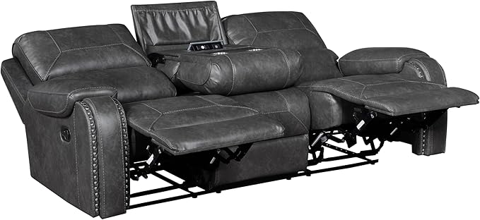 Lexicon Modern Double Recliner Sofa, Faux Leather Reclining Sofa with Nailhead, Center Drop-Down Cup Holders, Receptacles, USB Ports, Manual Recliner Couch Sofa for Living Room/Office/Apartment, Grey
