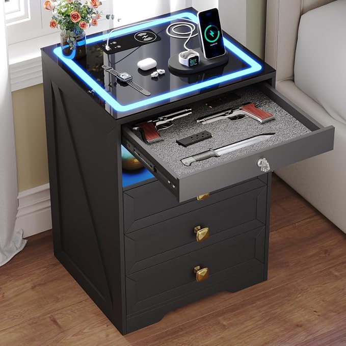 Smart Nightstand with Lockable Gun Drawer,Farmhouse Bedside Table with Charging Station and 3 LED Lights, Modern Night Stand with 3 Drawers,Glass Top End Side Table for Bedroom（Black） by MDGC