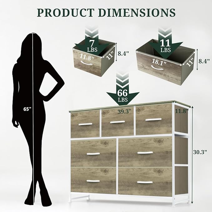 7-Drawer Dresser for Bedroom, Anti-Tip Wide Storage Organizer Fabric Chest of Drawers TV Stand for 45" TV with Wooden Top and Metal Frame for Closet, Living Room, Hallway, Entryway, Greige Oak - Image 3