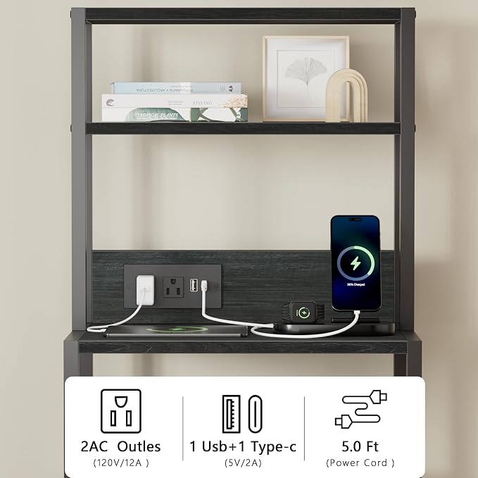 Furnulem Night Stand, Tall Nightstand with 4-Tier Shelves, 2 Fabric Drawers and Led Lights, Bed Side Tables with Charging Station, Bedside Table for Bedroom, Office, Black Oak | 4-Tier Shelves, 2 Fabric Drawers, Light Tube, Bed Side Tables, Charging St... - Image 7