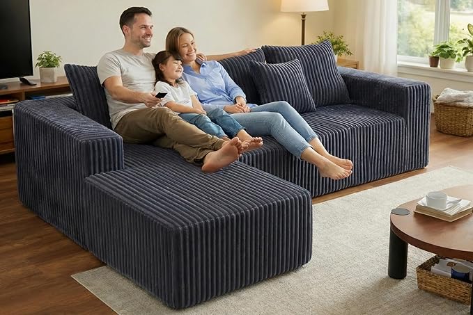 Boneless Couch, 101" Cloud Sectional Sofa with L Shaped Chaise, Deep Seat Sofa in a Box with 3 Modular Sections, Modern Corduroy Comfy Couch for Living Room, Grey