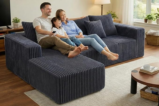 Boneless Couch, 101" Cloud Sectional Sofa with L Shaped Chaise, Deep Seat Sofa in a Box with 3 Modular Sections, Modern Corduroy Comfy Couch for Living Room, Grey