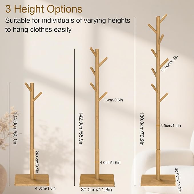 Coat Rack Freestanding with Stable Square Base for Cloathes, Hat, Used in Bedroom, Office and Entryway, Sturdy and Easy Assembly Coat Tree with 3 Adjustable Sizes and 8 Hooks, Natural - Image 6
