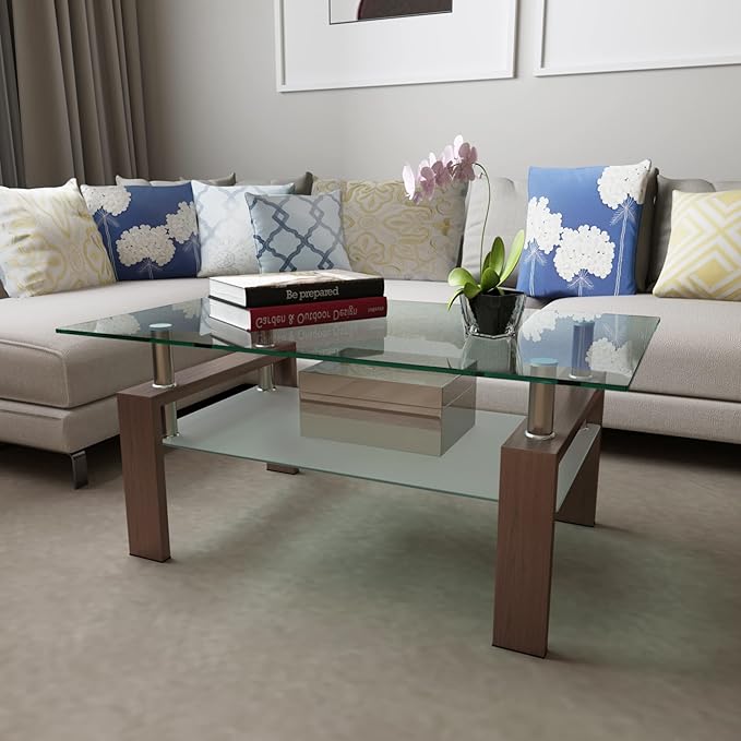 39.4'' Rectangle Glass Coffee Table, Brown Coffee Table with Tempered Glass & Metal Legs, 2-Tier Modern Center Table with Storage Shelf, Clear Glass Coffee Tables for Living Room, Apartment, Office